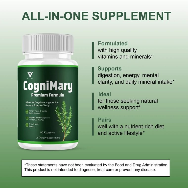 CogniMary bottle beside the brand's four-point product summary