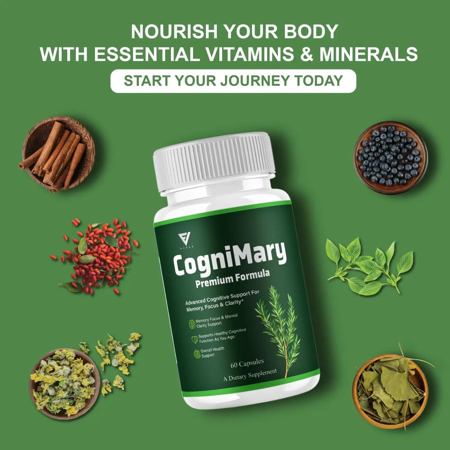 CogniMary bottle surrounded by cinnamon, bilberry, marigold and green tea material