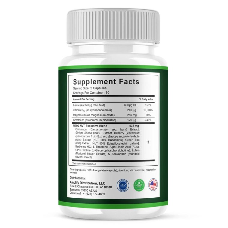 Back of the CogniMary bottle showing the Supplement Facts panel in full