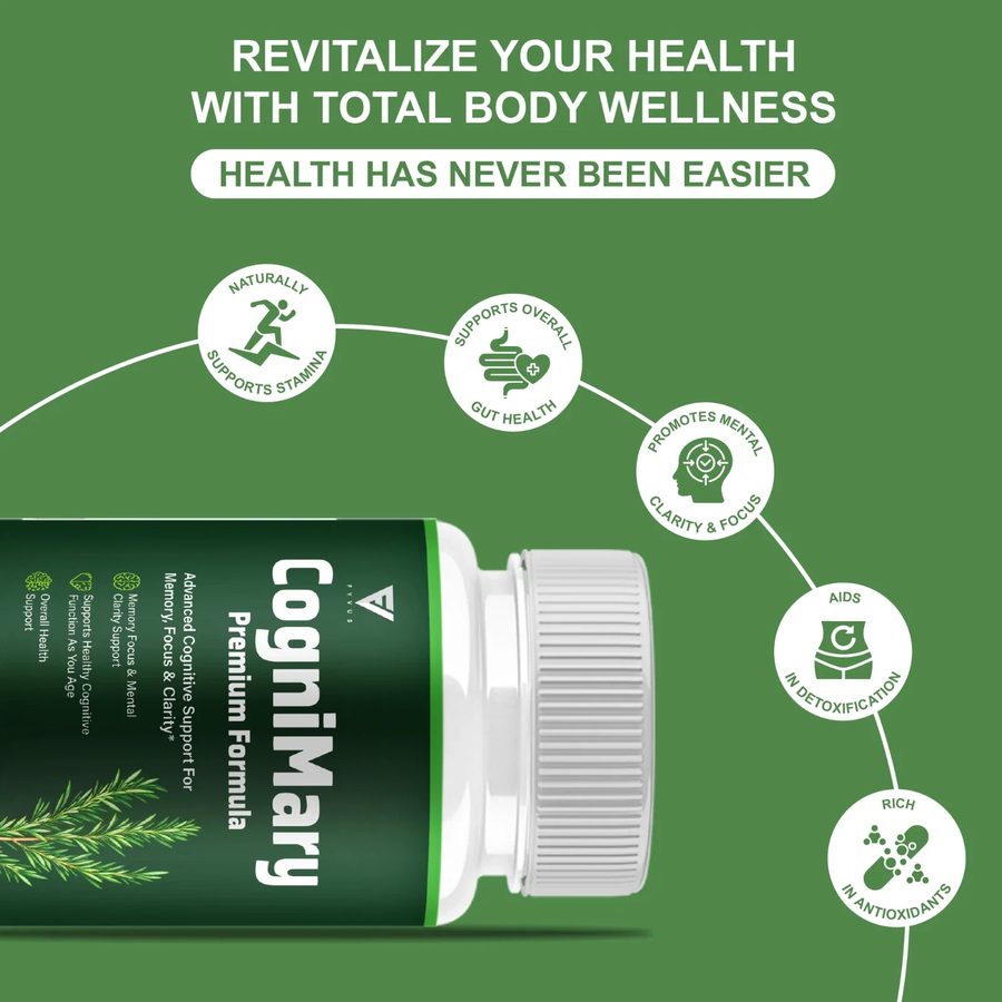 CogniMary bottle on its side with a ring of wellness claims around it