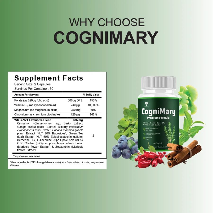 CogniMary bottle beside its Supplement Facts panel
