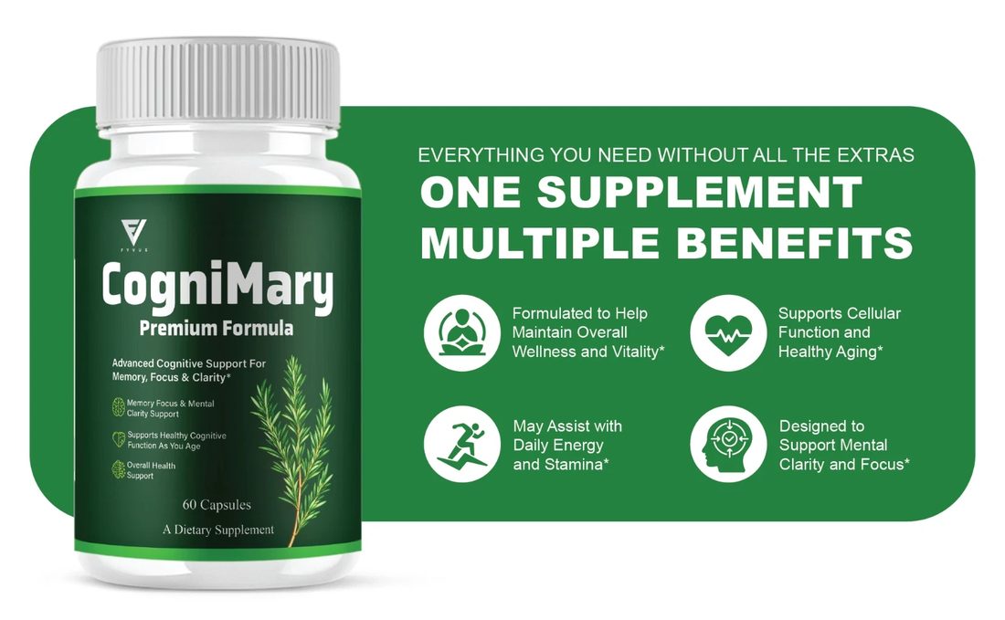 CogniMary promotional banner listing several claimed benefits
